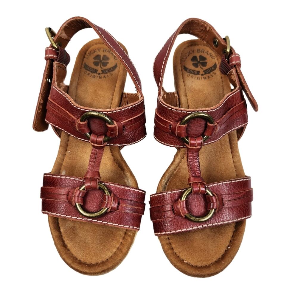 Lucky Brand Wedge Sandal Sz 7.5 Femi Sandal Red Leather Platform - Picture 9 of 13
